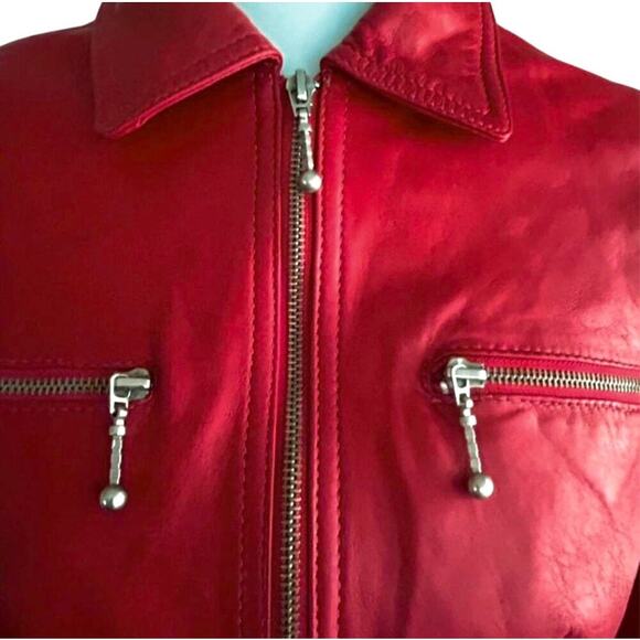 Vintage Cherry Red Leather Moto Jacket - Colebrook & Co - Size Small (Early 90s) - Picture 2 of 11